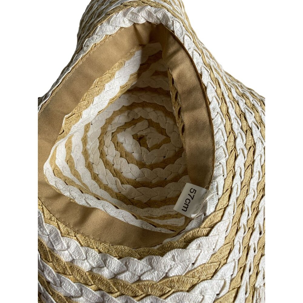 Womens Straw Sun Hat Wide Brim Tan Ivory Woven 57cm ( approx: 22") Beach Summer - Picture 4 of 4